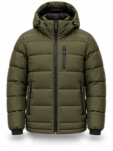 Veste matelassée à capuche pour homme, vert olive, imperméable, coupe-vent, fermeture éclair sur le devant, logo, rembourrage en polyester, longueur normale, hiver - Product Image 1