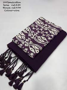 Elegante Saree de Algodón Puro para Mujer con Borde de Zari y Borlas Hecho en India - Product Image 4