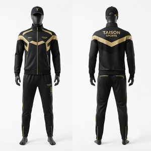 Survêtement de badminton 300g en polyester/nylon imperméable, séchage rapide, respirant, coupe-vent, doublure polaire, noir avec empiècements dorés, personnalisable - Product Image 1