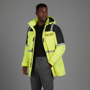 Brand Men's Hi Vis <b>Yellow</b> Hooded <b>Puffer</b> <b>Jacket</b> Waterproof Workwear Long Zipper Front Reflective Safety Coat Winter Wear - Product Image 1