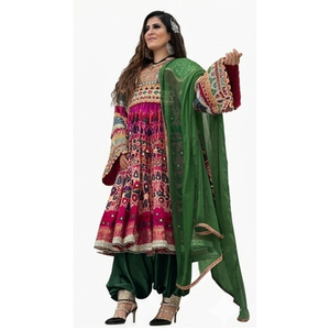 Vestido Tradicional Salwar Kameez para Mujer, Largo hasta el Tobillo, de Algodón Bordado, Verde y Rosa, Ropa Étnica, Traje de Boda, Vestido Afgano Kuchi - Product Image 6