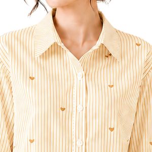 Chemisier ample décontracté en coton à rayures jaunes et blanches pour femme, avec broderie cœur, manches longues et boutonnage - Product Image 5