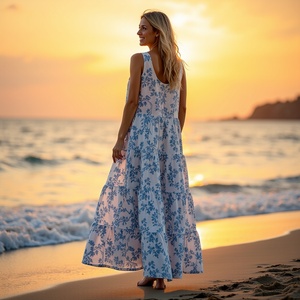 Vestido bohemio de moda ALine para paseos por la naturaleza y días al aire libre Ligero Maxi Fit para mujeres jóvenes blanco azul vides estampado de algodón - Product Image 1