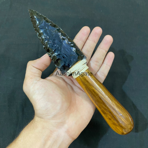 Daga decorativa de obsidiana negra con mango de madera natural |   Colección de Cristales Hechos a Mano para Exhibición - Product Image 4