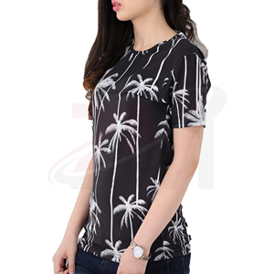เสื้อยืดแขนสั้นคอกลมพิมพ์ลายต้นปาล์มสีขาวดำสำหรับผู้หญิงสไตล์ลำลองสวมใส่ได้ในฤดูใบไม้ผลิฤดูร้อน - Product Image 3