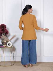 Women's Mustard <b>Linen</b> V-Neck Blouse Three Quarter Sleeve Loose Fit Casual <b>Top</b> Spring Summer Solid Color Breathable Plain Dyed - Product Image 2