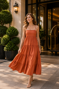 Vestido Maxi de Tirantes Finos en Degradado Naranja, 100% Algodón, Ecológico, Transpirable, Estilo Vintage, Casual, Veraniego, Bohemio, para la Playa - Product Image 2