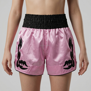 Custom Pink Satin <b>Men</b> Women Muay Thai Shorts Black Applique Patches Kickboxing <b>Trunks</b> Wholesale Custom Logo MMA Fighting Shorts - Product Image 3