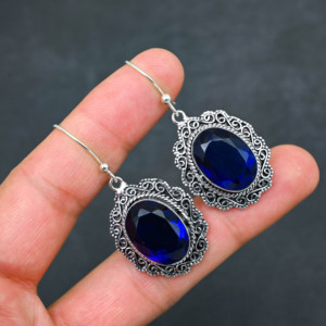 Customised London Blue Topaz LAB-CREATED 925 Sterling Silver <b>Earrings</b> 1.9" Handmade Gemstone Jewelry Antique <b>Fine</b> <b>Earring</b> Gift - Product Image 2