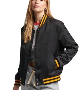 Women's Black Varsity Jacket Satin Full Sleeve Solid Color Turn-down Collar Zipper Closure Autumn Wear Logo Front - Product Image 5