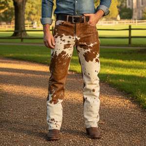 Pantalones de cuero genuino con pelo de vaca para hombre, estilo occidental de lujo, corte ajustado, hechos a mano, fabricante de pantalones de piel de vaca auténtica. - Product Image 4