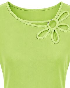 Blusa Casual de Verano para Mujer, Color Verde Lima, Personalizada, con Diseño Elegante de Cuello Floral, Manga Corta, Corte Holgado, para Uso Diario - Product Image 3