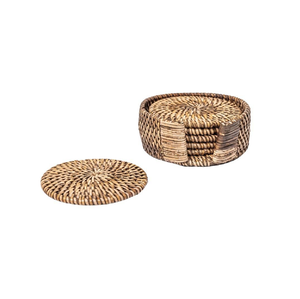 Ensemble de dessous-de-verre ronds en rotin tressé brun foncé avec support assorti, disponible à prix de gros. - Product Image 1