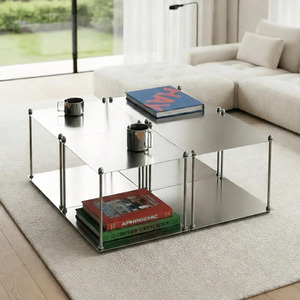 Table basse minimaliste en métal carrée à deux niveaux, meuble moderne pour salon, table d'appoint durable - Product Image 2