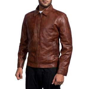 Veste en cuir véritable marron pour homme, col rabattu, fermeture éclair, coupe décontractée, couleur unie - Product Image 4