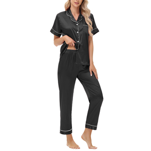 Ensemble pyjama en satin pour femmes, manches courtes, boutonné, col cranté, pantalon long, couleur rouge unie, vêtements de détente, 2 pièces - Product Image 2
