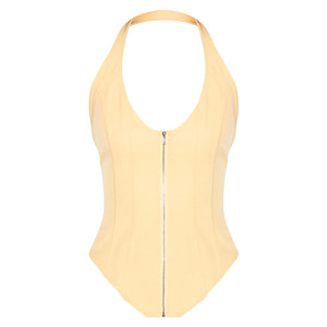 Wholesale Shapewear Women Seamless <b>Tummy</b> <b>Control</b> Bodysuit With Front Zipper Medium Support Yellow Jersey Halter Neck Corset Top - Product Image 3