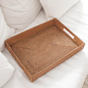 Bandeja de Servir de Ratán Natural de Primera Calidad con Asa de Madera, Cesta Organizadora Sostenible para Té y Aperitivos, Bandeja Decorativa - Product Image 1