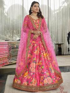 Designer Traditional Floral Summer <b>Lehenga</b> Choli Premium Digital Print Silk Ghagra Zari Border Luxury Indian Bridal <b>Guest</b> - Product Image 3