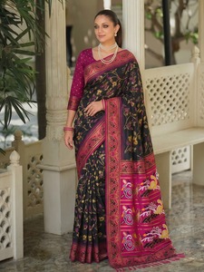 Silk <b>Saree</b> with Woven Border Floral Butti Design Traditional Style Wedding <b>Saree</b> <b>for</b> <b>Women</b> Indian All Seasons Gujarat Origin - Product Image 3