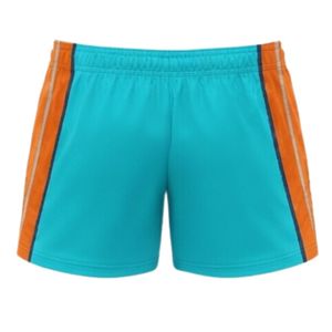 Shorts de netball unisexe turquoise et orange sublimés, en polyester, coupe athlétique, vêtements de sport avec panneau latéral rayé, tenue de match d'équipe - Product Image 2
