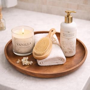 Round Wooden Serving Tray Decorative Platter for Home Kitchen <b>Bathroom</b> Decor <b>Rustic</b> Style - Product Image 5