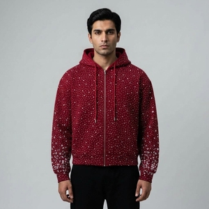 Men <b>Black</b> Rhinestone Hoodie Full Zip Rhinestones Hooded Sweatshirt <b>Jacket</b> <b>Sparkly</b> Custom Wholesale OEM Streetwear - Product Image 6