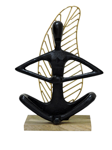 Modern Abstract Yoga Sculpture - Black & Gold Aluminium Meditating Figurine with <b>Leaf</b> Backdrop on Wood Base for Zen Home Decor - Product Image 2