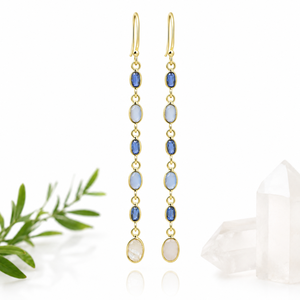 Boucles d'oreilles pendantes longues en kyanite bleue et pierre de lune, serties clos, en argent sterling plaqué or 18 carats, délicates, tendance, pour femme, cadeau de mariage - Product Image 1