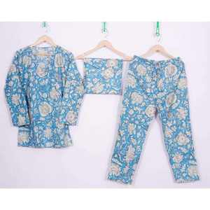 Conjunto de Pijama para Mujer, Estampado Azul, Cintura Elástica, Manga Larga, 100% Algodón Satinado, Transpirable, Diseño Jardín Rosa Otoñal - Product Image 4