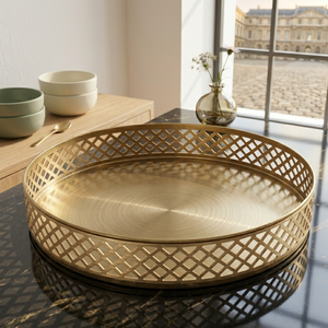 Gold Metal Cutout Serving Tray Round <b>Decorative</b> <b>Plate</b> Geometric Gifting Dinnerware for Home - Product Image 3