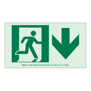 Señal de Salida Fotoluminiscente BradyGlo - Aprobado por la Ciudad de Nueva York, Diseño de Hombre Corriendo y Flecha Descendente para Rutas de Emergencia, PVC - Product Image 1