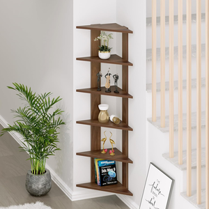 Étagère murale d'angle en bois moderne à 6 niveaux, présentoir triangulaire marron, bibliothèque murale pour salon - Product Image 5