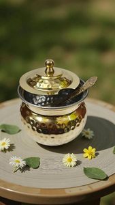 Handcrafted Hammered Brass Condiment <b>Jar</b> with Lid and Spoon Traditional Indian Spice <b>Storage</b> Pot Decorative <b>Kitchen</b> Countertop - Product Image 4