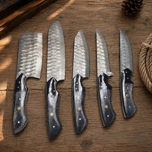 Juego de Cuchillos de Cocina de Acero de Damasco Hechos a Mano de 5 Piezas con Mango de Micarta y Funda de Cuero, Cuchillos de Supervivencia, Utilitarios y de Caza - Product Image 5