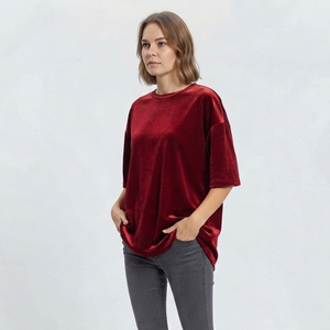 T-shirt en velours surdimensionné pour femme, col rond, manches courtes, coupe ample, style vintage streetwear, tissu épais, pour l'hiver - Product Image 6