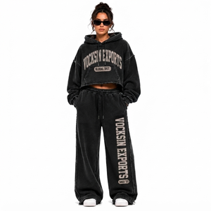 Vocksin Exports Ensemble de survêtement pour femme noir délavé à l'acide, avec sweat à capuche long et pantalon de survêtement oversize à jambes larges, style streetwear vintage 100% - Product Image 5