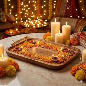 Plateau décoratif en bois de style ferme moderne avec poignées dorées |   Plateau de service élégant en noyer naturel pour mariage et décoration intérieure - Product Image 4