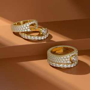 Ensemble de bagues de luxe en forme de cœur serties de diamants, or jaune 14K 18K, bande pavée complète, bague de fiançailles, bijoux fins sur mesure, vente en gros - Product Image 2