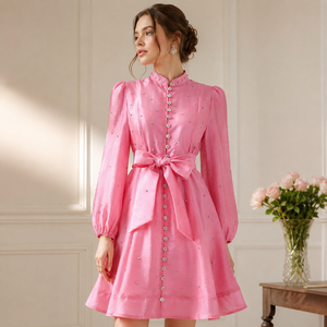Vietnam Women's Vintage Lace Natural Waist Digital Printed Standing Collar Heavy Diamante Maxi Lantern Sleeve <b>Dresses</b> - Product Image 2