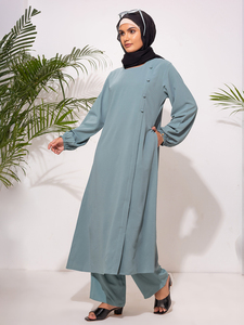 Abaya Robes Musulmanes Mode Islamique Haut Long Personnalisé à Boutons Devant 2 Pièces Modeste Femme Inspiré de Dubaï Élégant Polyester - Product Image 1