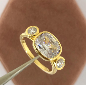 <b>White</b> <b>Cushion</b> Cut Moissanite Solitaire With Side Round Cut Bezel Set Stones Yellow Gold Engagement Ring 10K Solid Gold Ring - Product Image 3