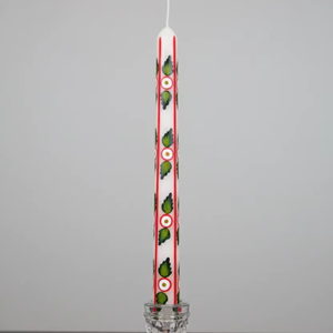 Bougie conique de Noël blanche de qualité supérieure, peinte à la main, en cire de soja et de paraffine, avec des rayures rouges, des feuilles vertes, parfum oriental, sans fumée - Product Image 1