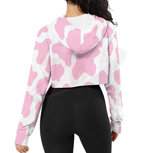 New Arrivals Pink <b>Cow</b> <b>Print</b> Cropped <b>Hoodie</b> For Women's Y2K Style Soft Breathable Fabric Oversized Casual Streetwear Pullover - Product Image 3