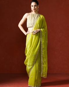 KV Green Embellished <b>Satin</b> Silk Beads and Stones <b>Saree</b> With Unstitched Blouse - Product Image 4