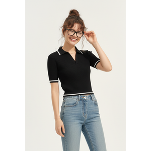 เสื้อโปโลผู้หญิงแขนสั้นผ้าถักลายริบ แต่งขอบตัดสี ทรงเข้ารูป สวมใส่สบาย รับผลิตเสื้อผ้าแบรนด์ส่วนตัว รับสั่งซื้อจำนวนมาก - Product Image 1