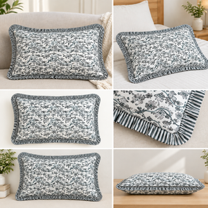 RIDHI Baby Blue Floral Ruffle Western Lumbar Pillow Cover Set Hand Block Print Cotton Customizable Removable Eco-Friendly Decor - Product Image 3