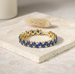 Oval Cut Lab Grown Blue Sapphire Stone <b>Gold</b> Plated Sterling Silver Luxury Charm Bracelet Elegant Gemstone Jewelry Gift for Women - Product Image 4