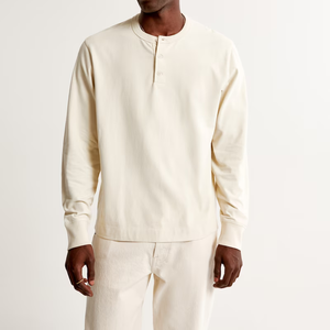 Men's Cream <b>Long</b> <b>Sleeve</b> <b>Henley</b> Shirt Regular Fit Button Up Collar Knitted Cotton Minimalist Style Spring Wear - Product Image 1