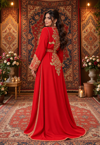 Caftán marroquí largo de terciopelo color ciruela con bordado a mano en rojo rubí de Mishkat Couture para mujeres musulmanas europeas, elegante. - Product Image 2